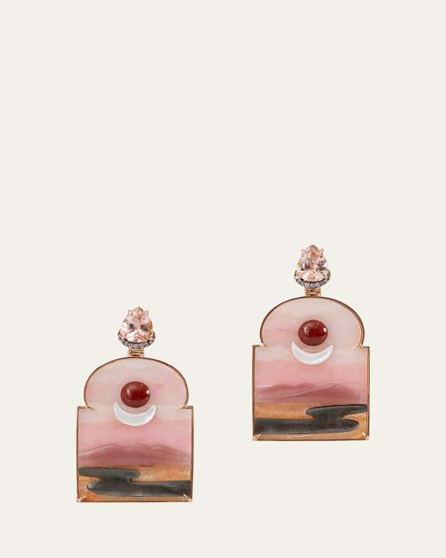 18K Morganite Earrings with Mother of Pearl, Guava Quartz, Red Jasper and Alabaster